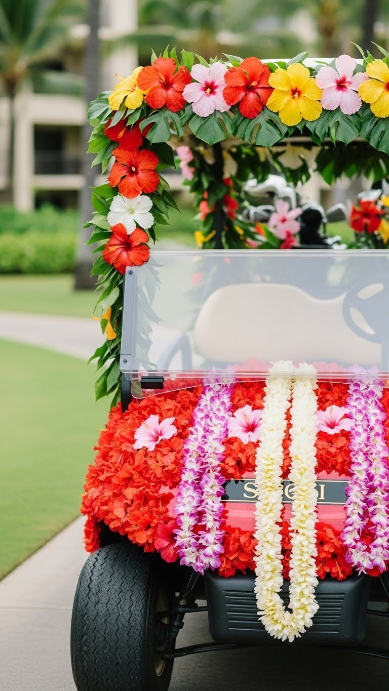 Golf Cart Beautifully Decorated With Vibrant Hibiscus Flowers And Flowing Leis Against Tropical Resort Backdrop