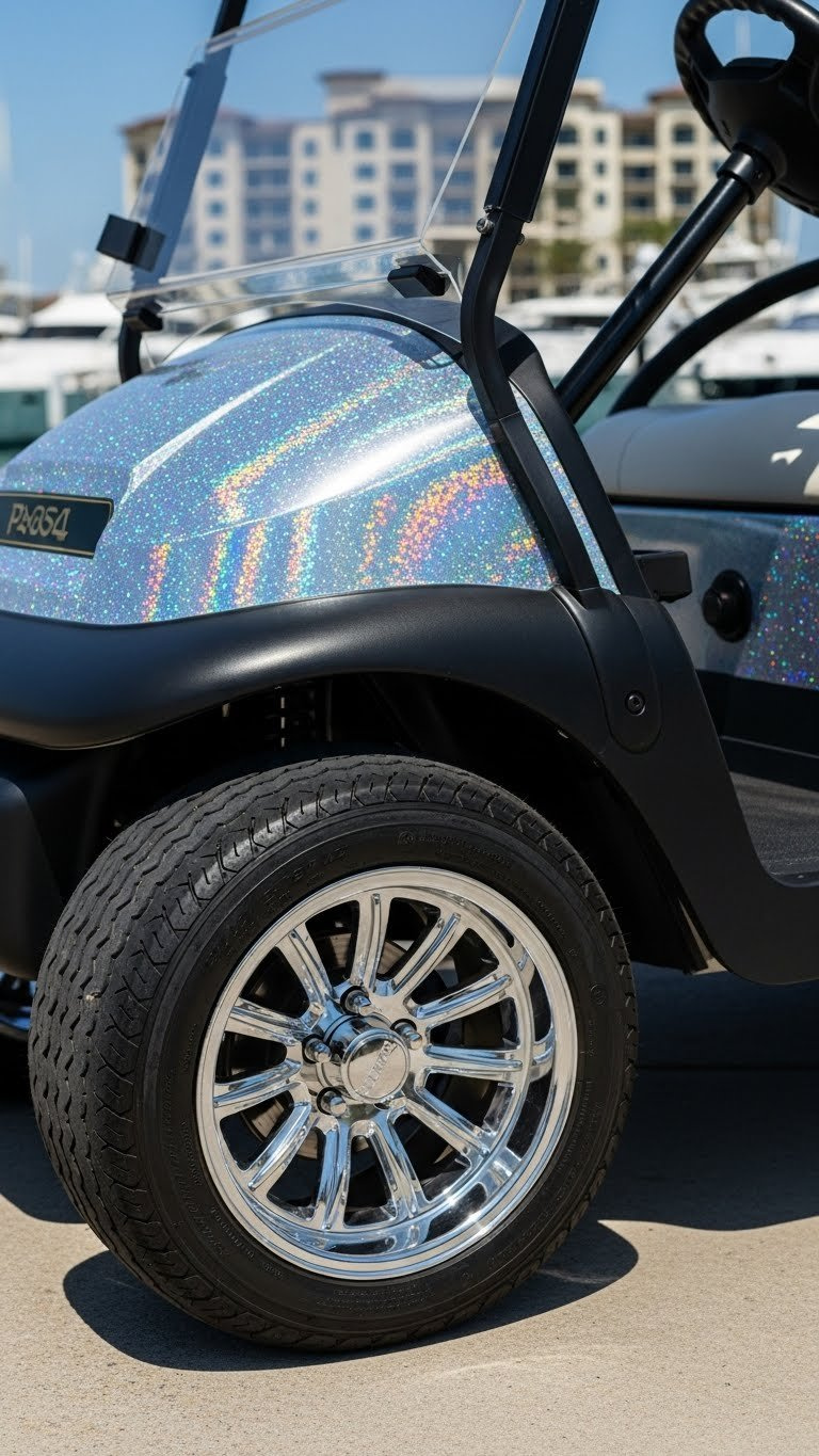 Golf Cart Body Panel With Metallic Flake Wrap Shimmering In Bright Sunlight