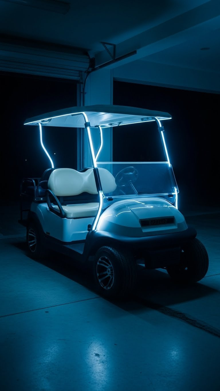 Golf Cart Canopy Frame Outlined With Glowing Neon Led Strips Creating Illuminated Silhouette Against Dark Background