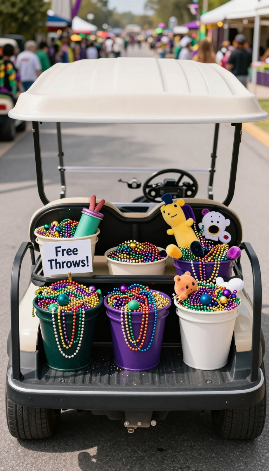 Golf Cart Cargo Area Transformed Into Mobile Mardi Gras Throw Station Overflowing With Colorful Beads And Trinkets.