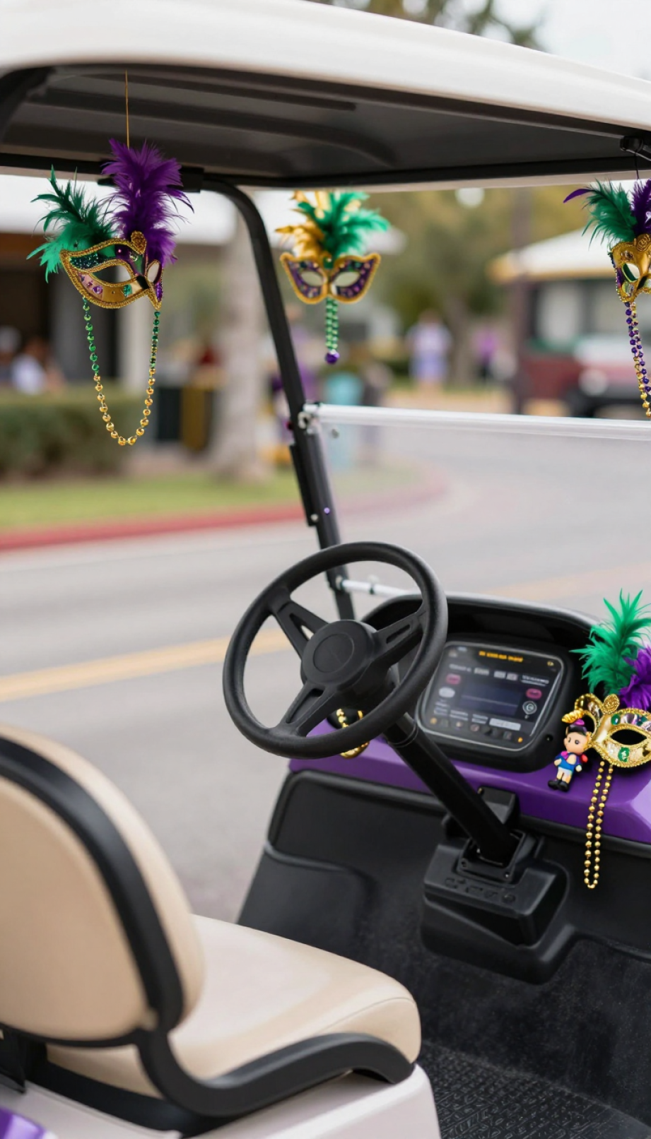 Golf Cart Cockpit Decorated With Miniature Mardi Gras Masks, Feather Boas, And Festive Dashboard Decorations.