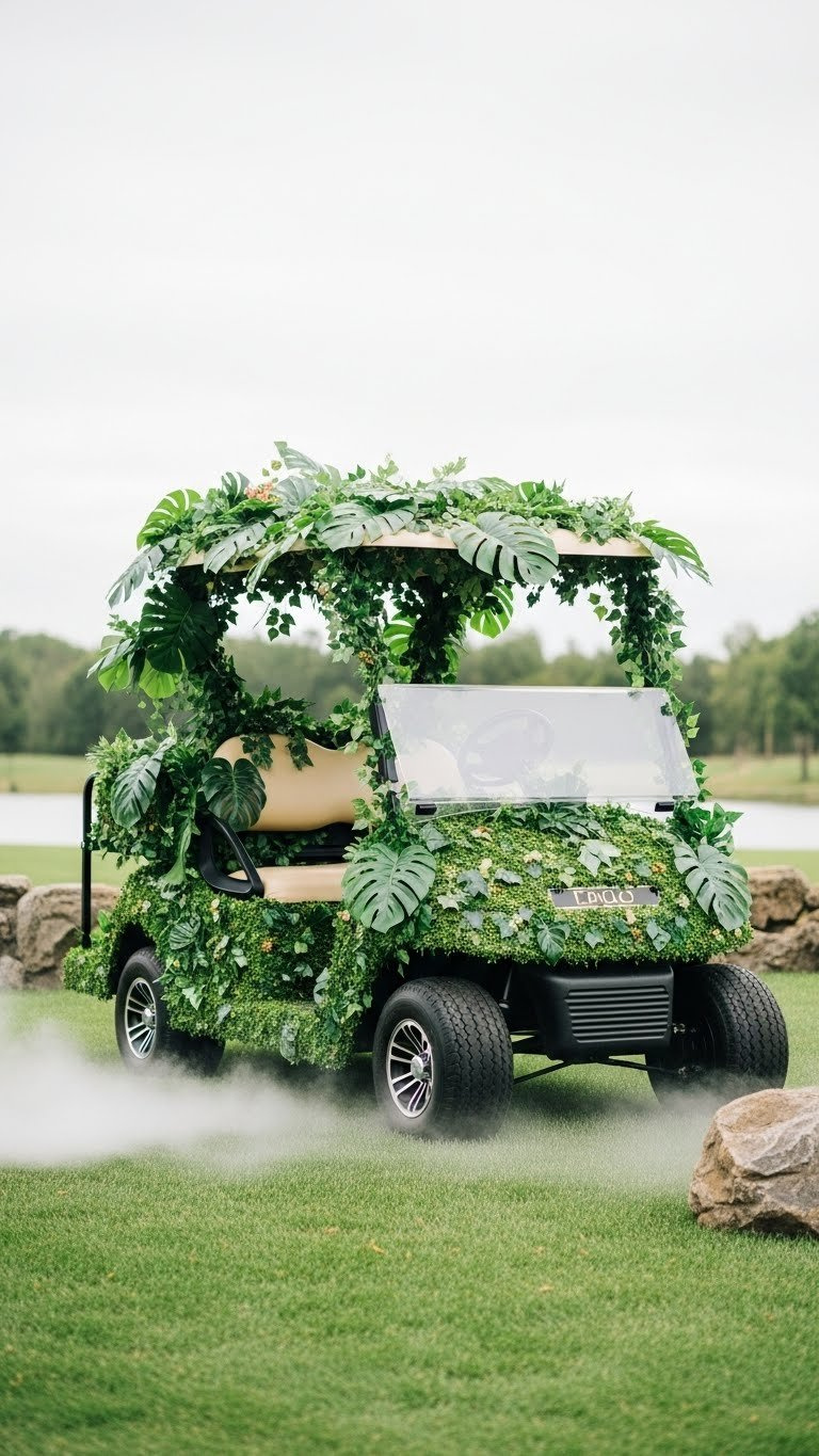 Golf Cart Completely Transformed With Lush Artificial Tropical Leaves And Vines Creating Jungle-Themed Vehicle Decoration.