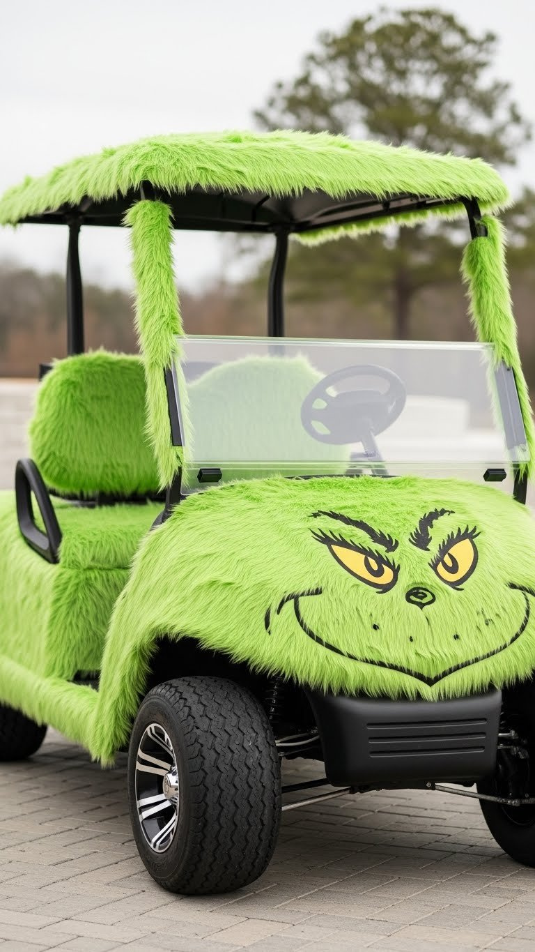 Golf Cart Completely Wrapped In Vibrant Lime Green Furry Material With Seamless Texture Creating A Giant Grinch Appearance For Parade Use.