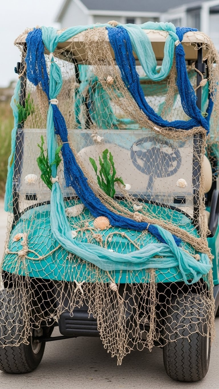 Golf Cart Concealed By Fishing Nets And Blue Fabric With Sea Shells Creating Underwater Environment Decor
