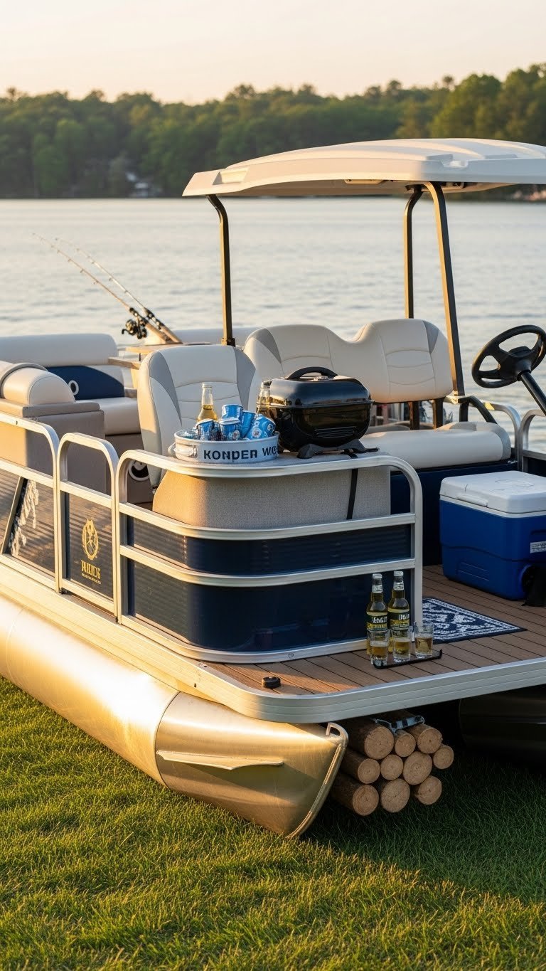 Golf Cart Converted Into Pontoon Boat With Plush White Seating And Miniature Logs On Grassy Lakeside