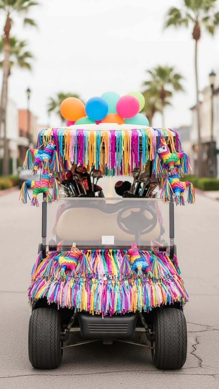 Golf Cart Covered In Colorful Streamers And Hanging Piñatas Creating Dynamic Celebratory Street Scene