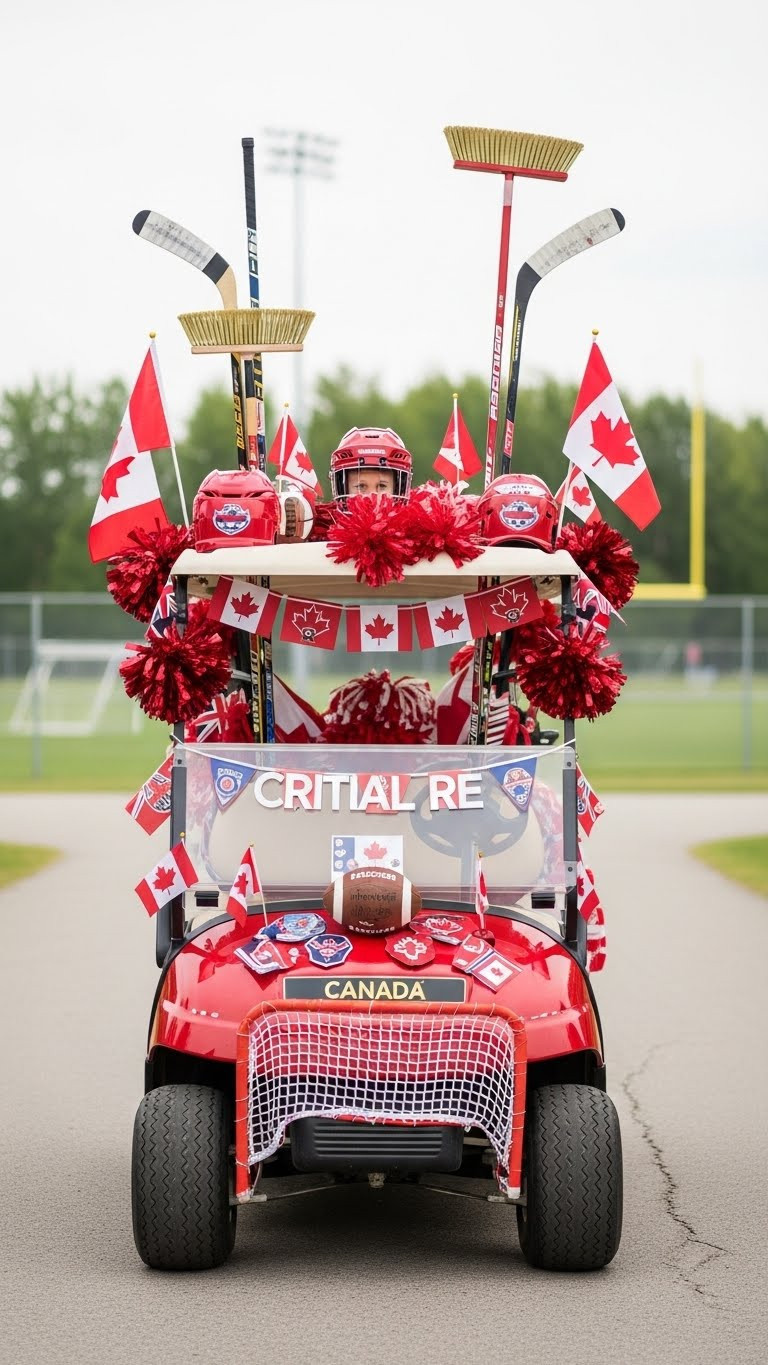 Golf Cart Covered In Hockey Sticks, Curling Brooms, And Canadian Sports Memorabilia On Paved Community Road