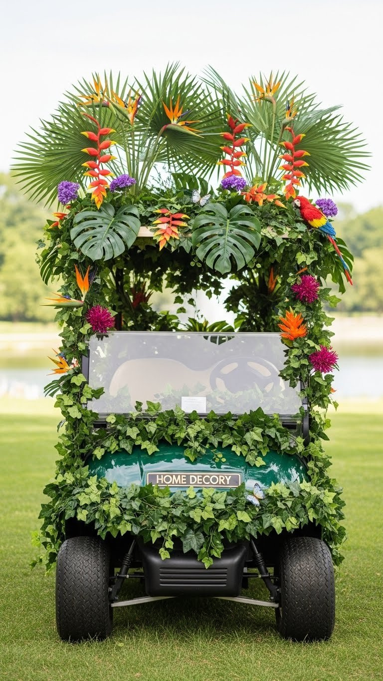 Golf Cart Covered In Lush Tropical Foliage With Palm Fronds And Exotic Flowers Creating Jungle Effect