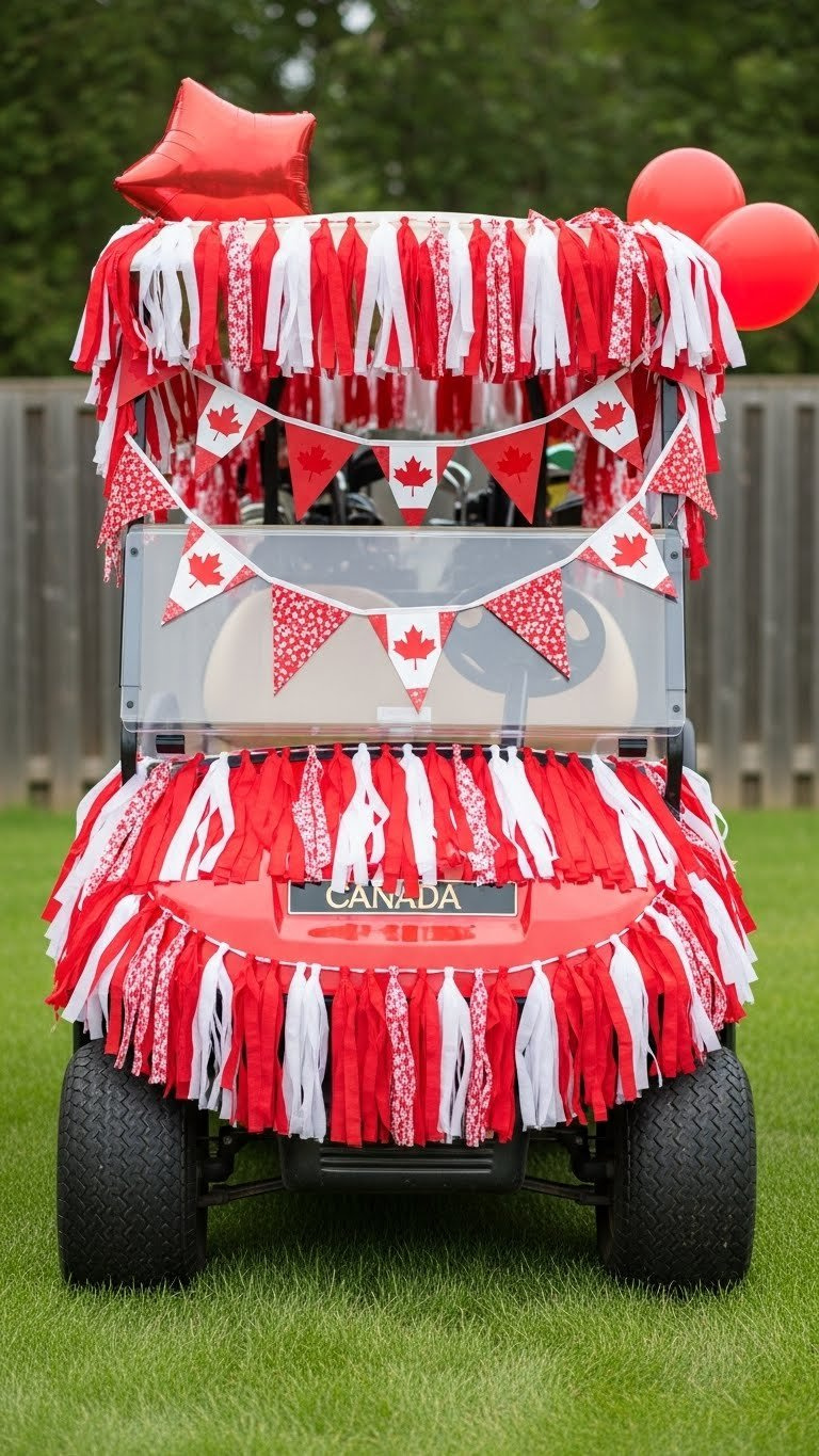 Golf Cart Covered In Voluminous Red And White Streamers And Cascading Fabric Bunting On Grassy Lawn