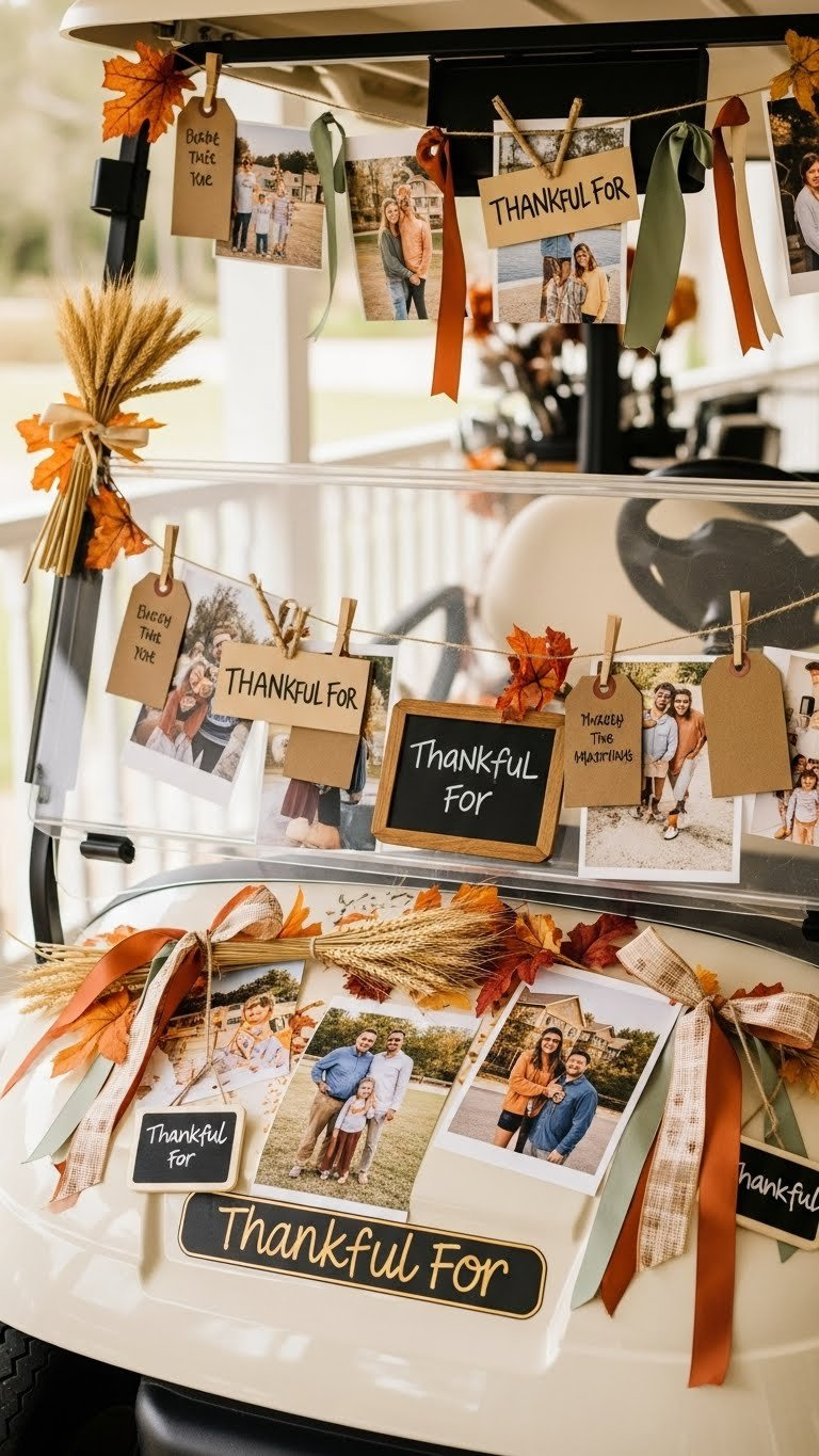 Golf Cart Covered With Personal Photos, Thankful Messages, And Gratitude Chalkboards In Warm Autumnal Setting.
