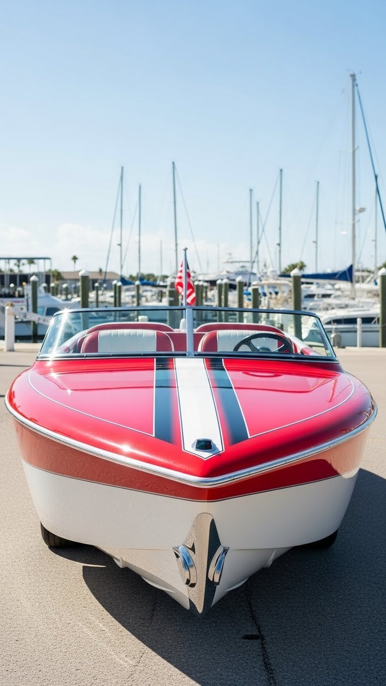 Golf Cart Customized As Red And White Speedboat With Pointed Bow Structure On Paved Road