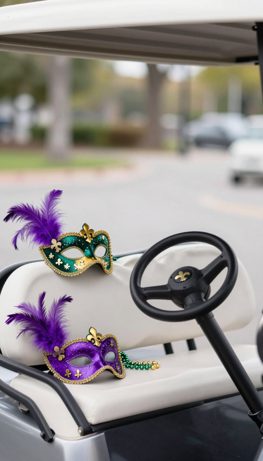 Golf Cart Dashboard Decorated With Elegant Mardi Gras Masks And Fleur-De-Lis Symbols In Purple, Green, And Gold.
