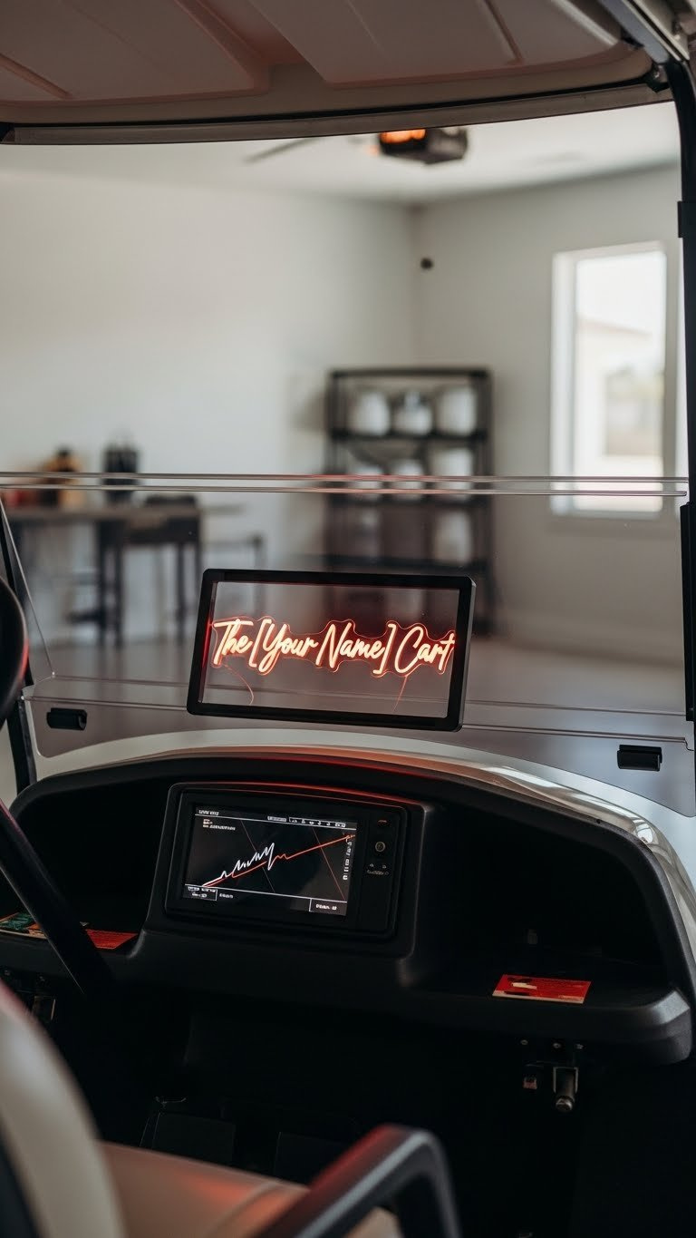 Golf Cart Dashboard Featuring Custom Neon Sign Glowing Pink Against Contemporary Garage Interior