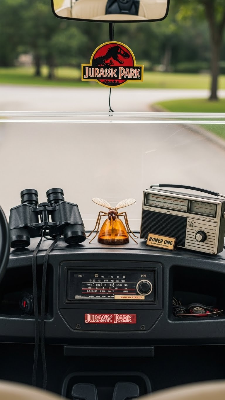 Create A Jurassic Park Golf Cart: 7 Easy Diy Ideas Golf Cart Dashboard With Jurassic Park Movie Props Including Safari Binoculars And Vintage Radio
