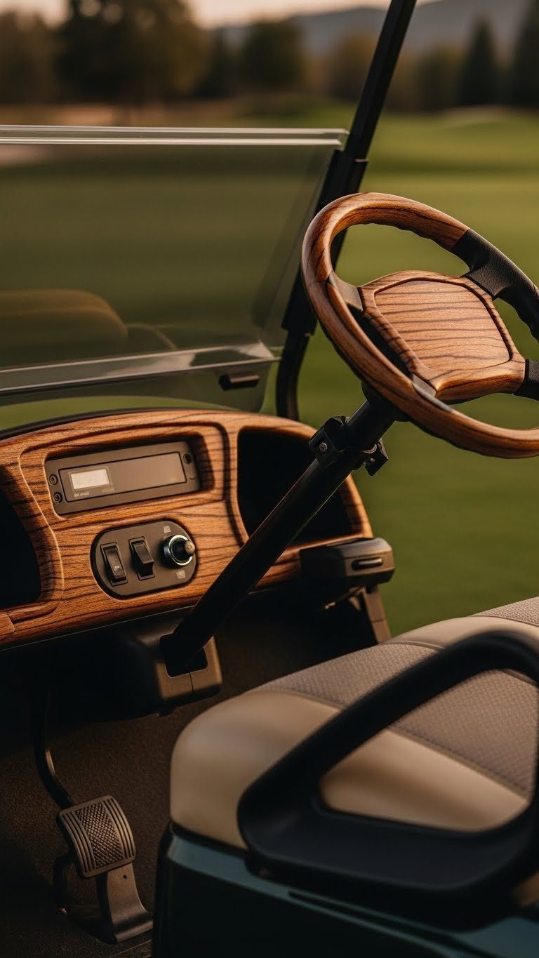 Golf Cart Dashboard With Wood Grain Vinyl Wrap In Cozy Interior Setting