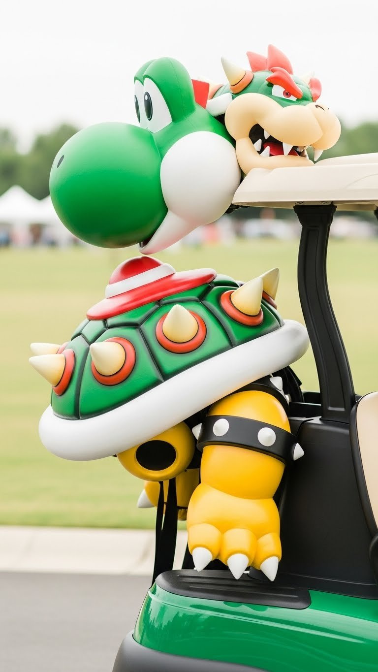 Golf Cart Decorated As Yoshi Or Bowser Shell With Green And Red Textures On Grassy Area With Soft Outdoor Event Backdrop
