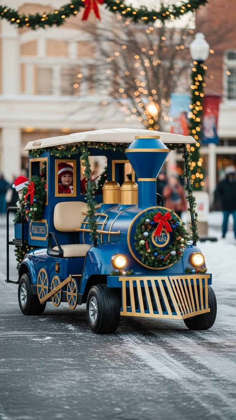 Golf Cart Decorated As Magical Polar Express Train With Blue And Gold Paint, Wreaths, And Glowing Windows In Snowy Setting