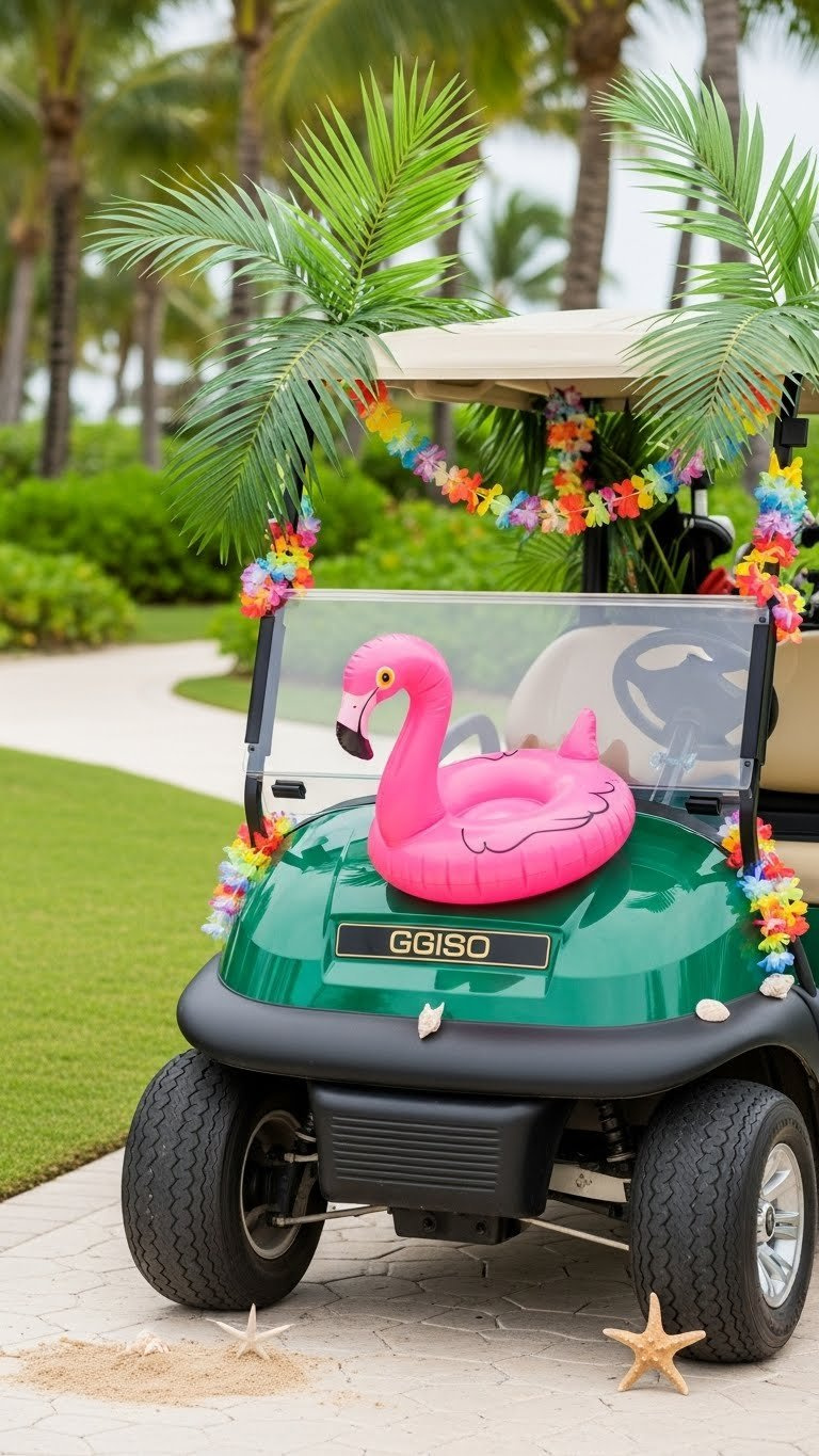 Golf Cart Decorated As Tropical Oasis With Pink Flamingo And Palm Fronds Against Resort Pathway Background