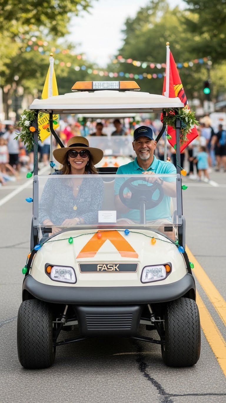 Golf Cart Decorated For Parade With Visible Safety Lights, Reflective Tape, And Waving Flag
