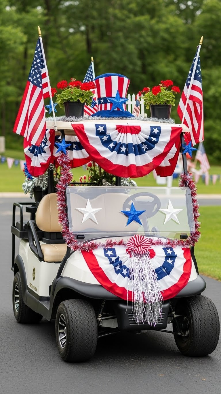 Golf Cart Decorated With American Flags, Red White Blue Bunting, And Star Cutouts On Asphalt Driveway With Festive Patriotic Decorations