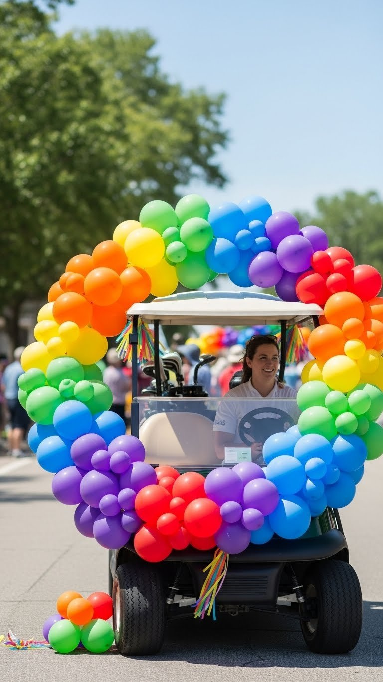Golf Cart Decorated With A Lush, Vibrant Rainbow Balloon Arch And Clusters For A Festive Parade, In Bright Daylight.