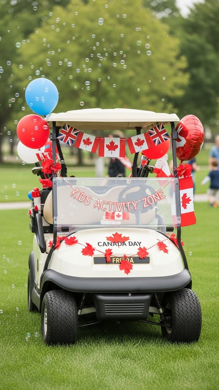 Golf Cart Decorated With Colorful Canadian-Themed Toys, Balloons, And Interactive Elements For Children In Grassy Park