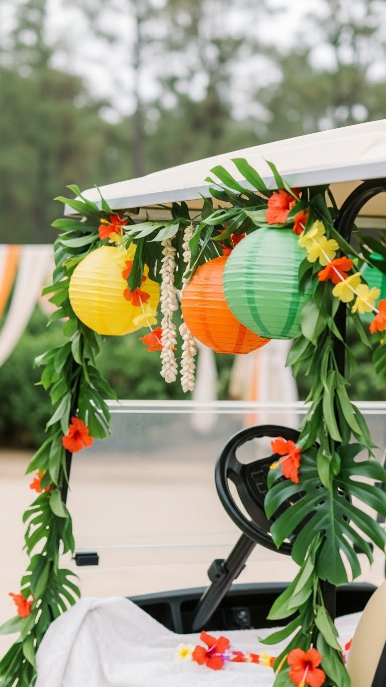 Golf Cart Decorated With Colorful Paper Lanterns And Shell Leis Creating Festive Canopy Overhead