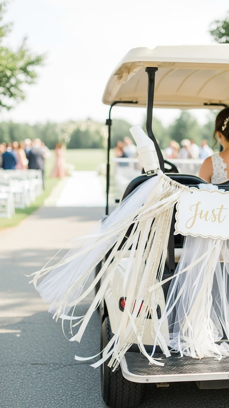 Golf Cart Decorated With Flowing White Ribbons And Tulle Streamers Creating Festive Movement Against Wedding Venue Backdrop