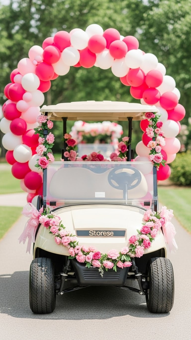 Golf Cart Decorated With Pink Balloon Arch And Floral Garlands For Festive Outdoor Celebration