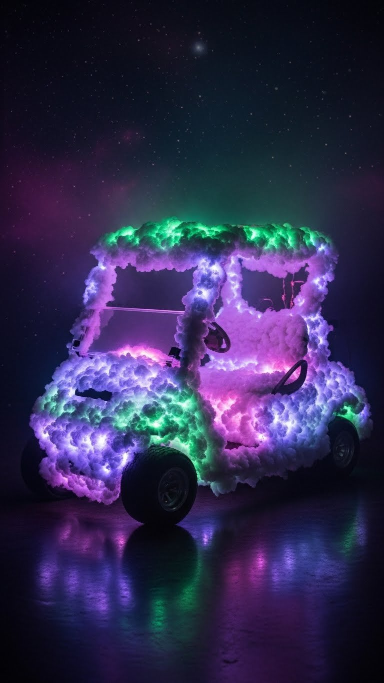 Golf Cart Designed As Playful Moon Buggy With Oversized Wheels And Alien Creatures Exploring Moon Surface