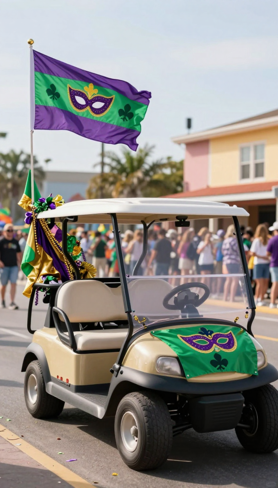 Golf Cart Displaying Colorful Mardi Gras Banners And Flags Fluttering In Celebratory Parade Breeze.