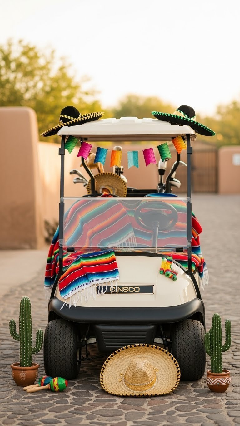 Golf Cart Draped With Vibrant Serape Blankets And Miniature Sombreros On Cobblestone Path During Golden Hour
