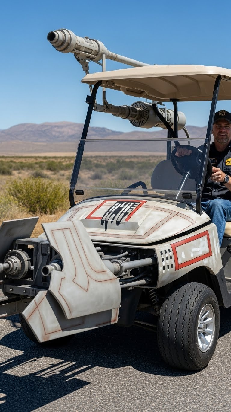 Golf Cart Engulfed In Swirling Nebula Clouds With Color-Changing Led Lights Floating Through Deep Space