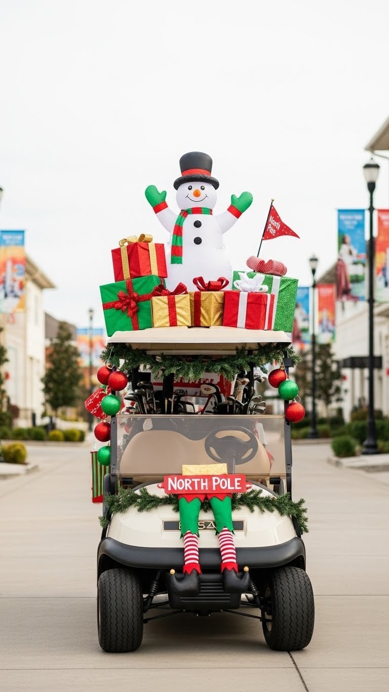 Golf Cart Enhanced With Festive Props Like Oversized Faux Presents And Large Inflatable Snowman