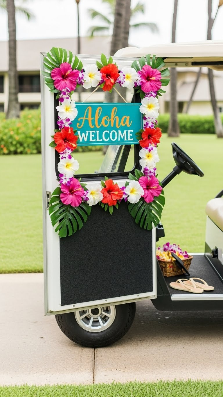 Golf Cart Entry Area Decorated With Aloha Welcome Sign, Leis, And Hibiscus Flowers