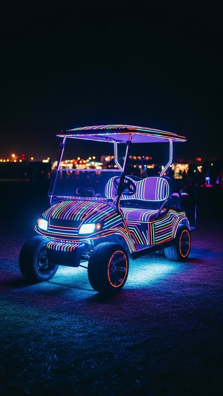 Golf Cart Enveloped In Synchronized Neon Light Show With Dynamic Color Patterns In Dark Environment