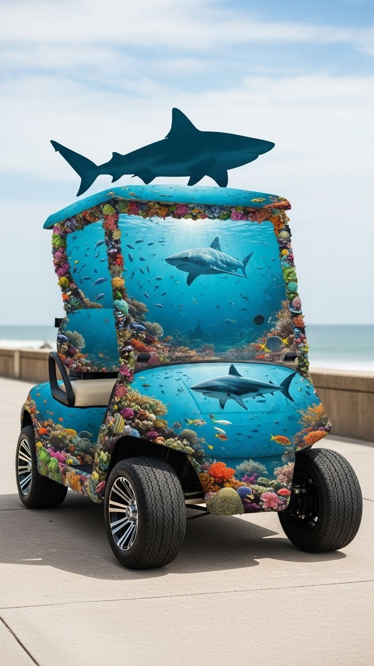 Golf Cart Enveloped In Vibrant Underwater Reef Scene With Colorful Fish And Coral Formations