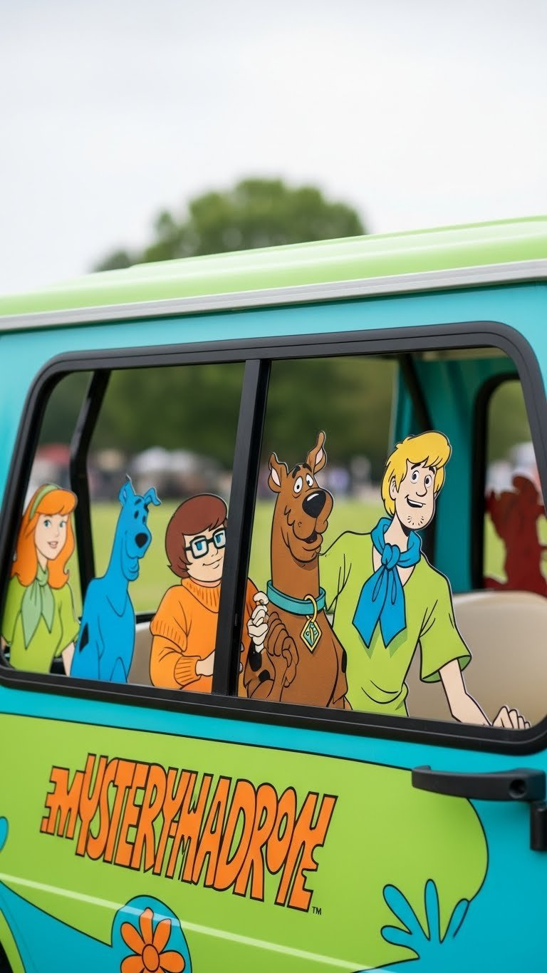 Golf Cart Featuring Scooby-Doo Character Silhouettes Peaking From Windows Against The Mystery Machine Color Scheme