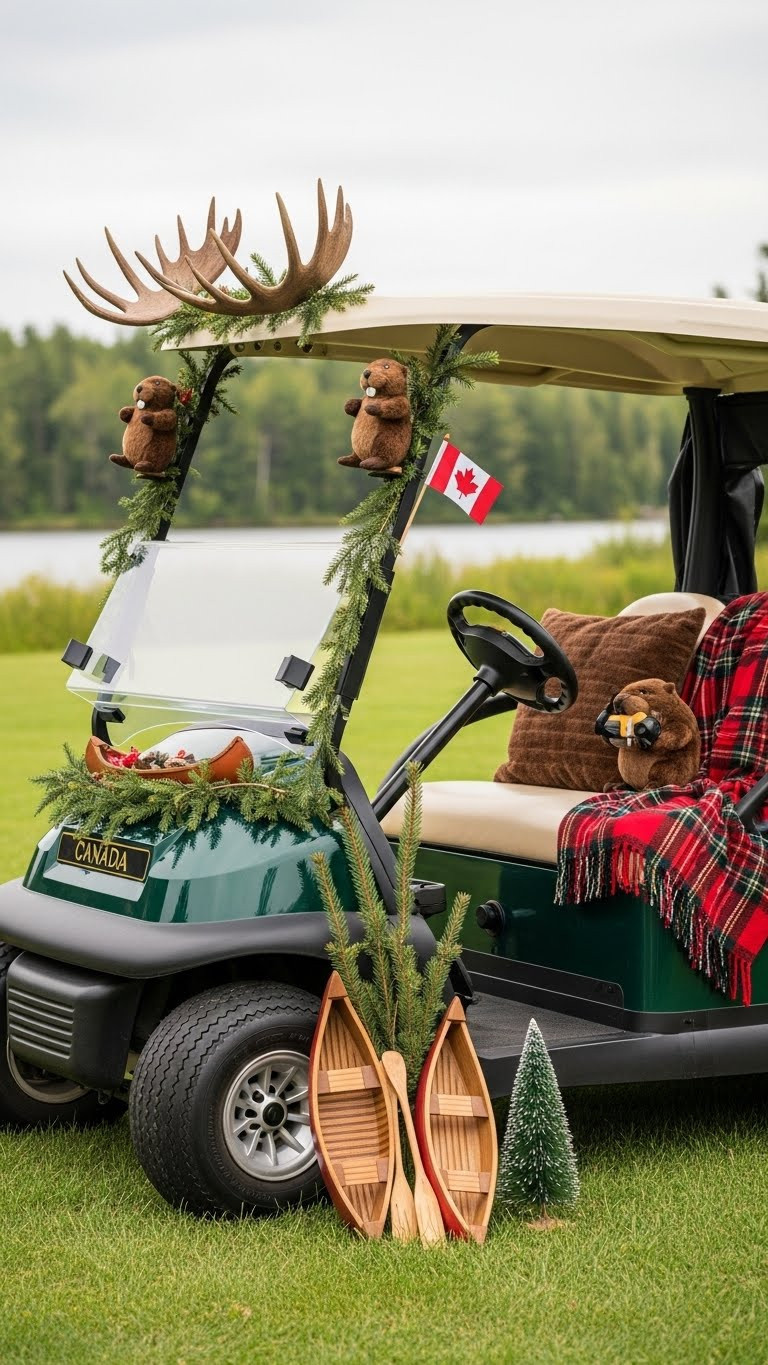 Golf Cart Featuring Faux Moose Antlers, Beaver Mascot, And Miniature Canoes In Grassy Outdoor Setting With Lake Background
