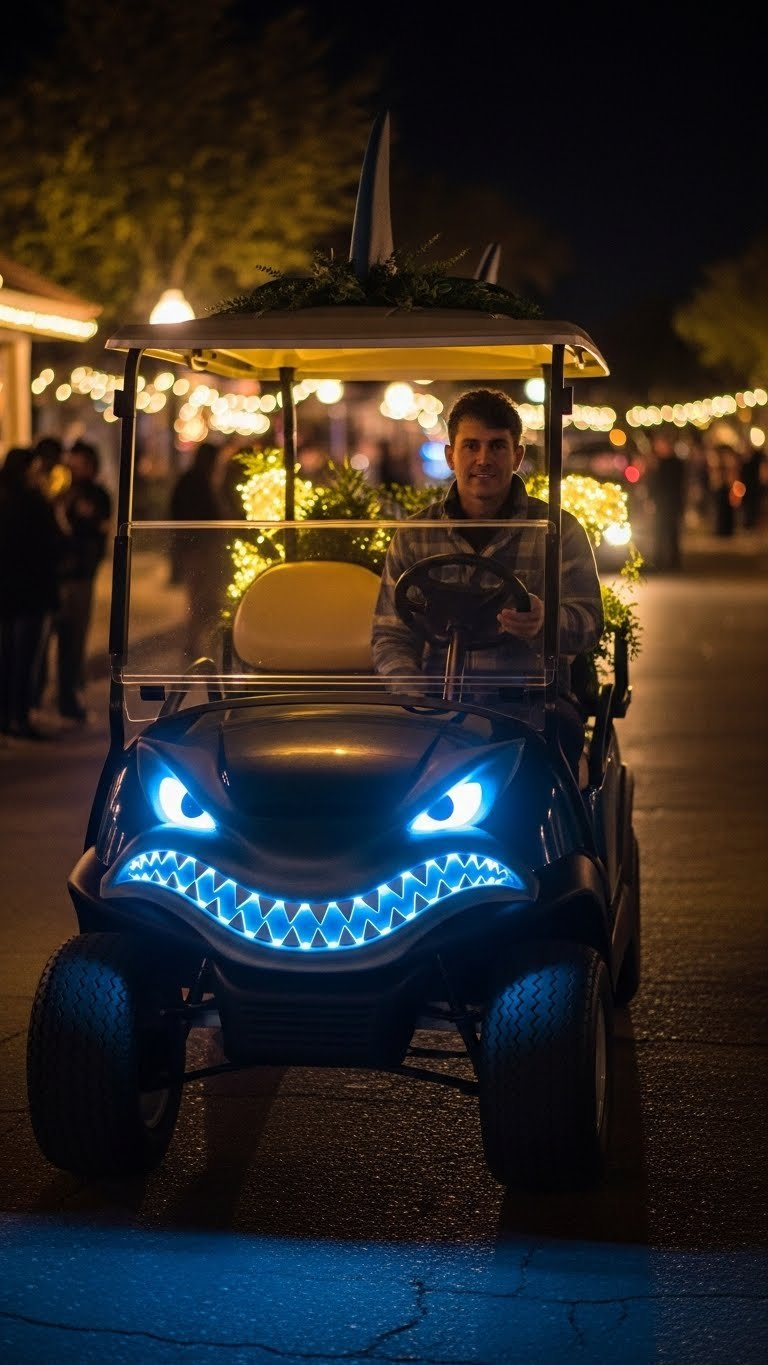 Golf Cart Featuring Glowing Shark Eyes And Illuminated Gill Slits With Dramatic Led Lighting Effects