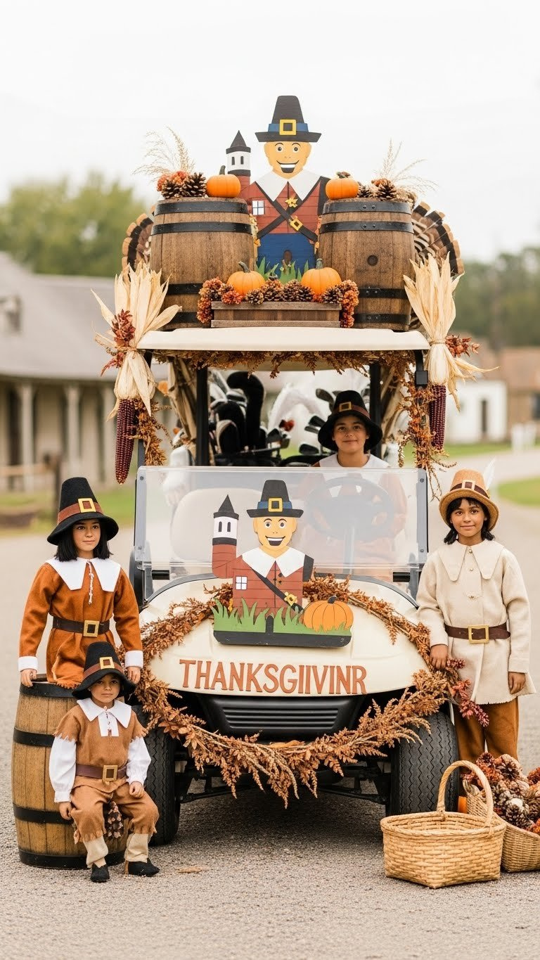 Golf Cart Featuring Historical Thanksgiving Elements Like Rustic Barrels, Mayflower Cutout, And Corn Stalks.