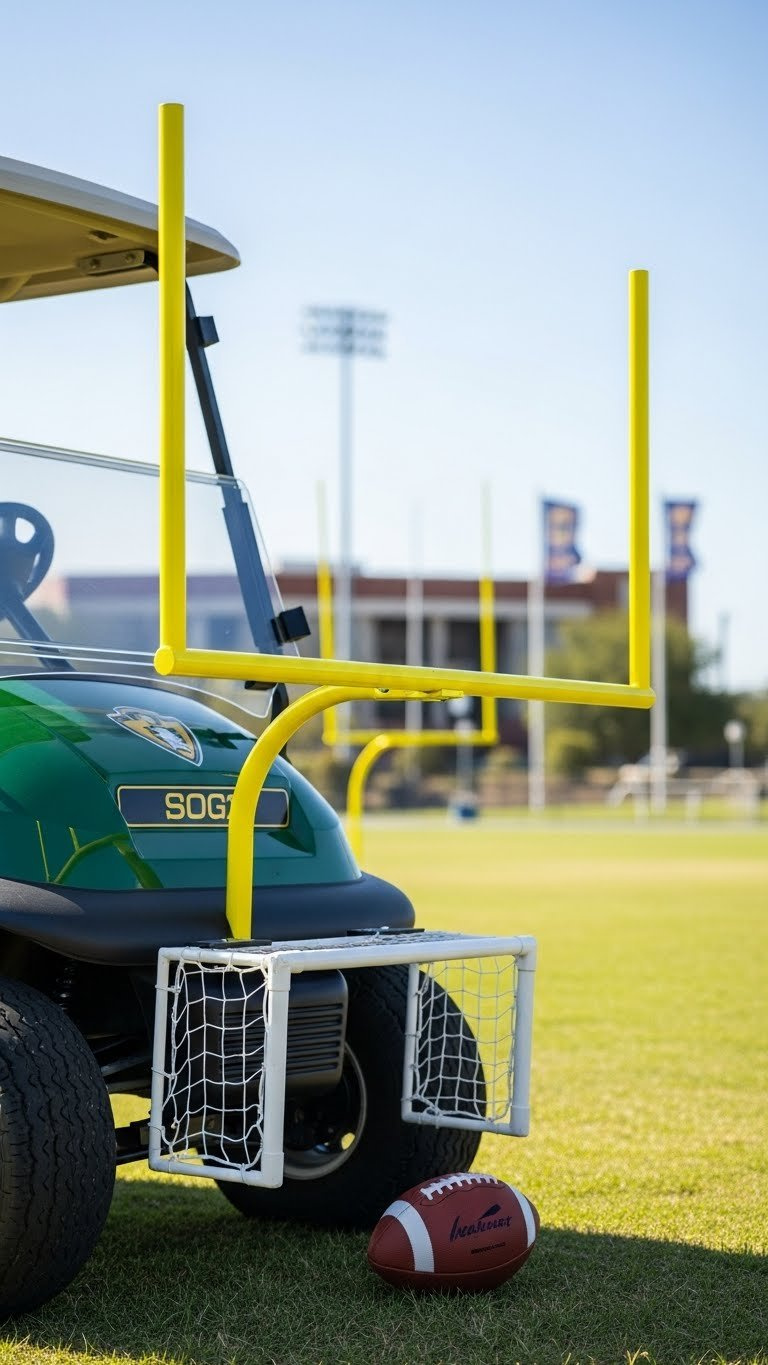 Golf Cart Featuring Miniature Goal Posts Mounted On Front Bumper With Football Field Aesthetic And Soft Grassy Background Blur.