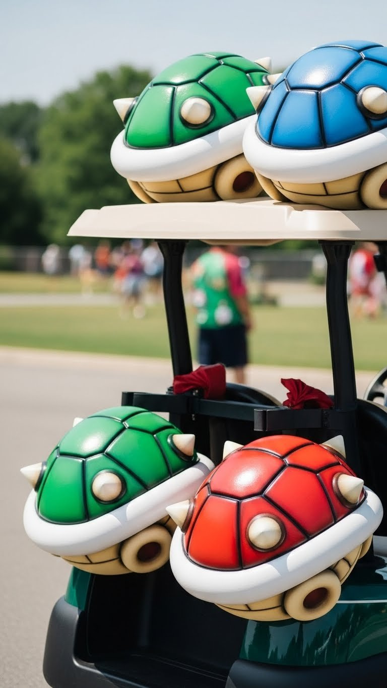 Golf Cart Featuring Oversized Green, Red, And Blue Koopa Shells With White Spikes On Paved Surface With Subtle Park Background Blur