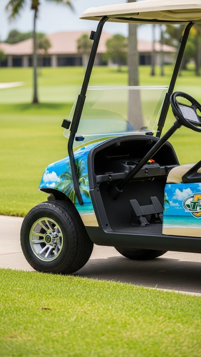 Golf Cart Featuring Vibrant Custom Graphic Wrap With Tropical Beach Scene On Lush Golf Course Setting