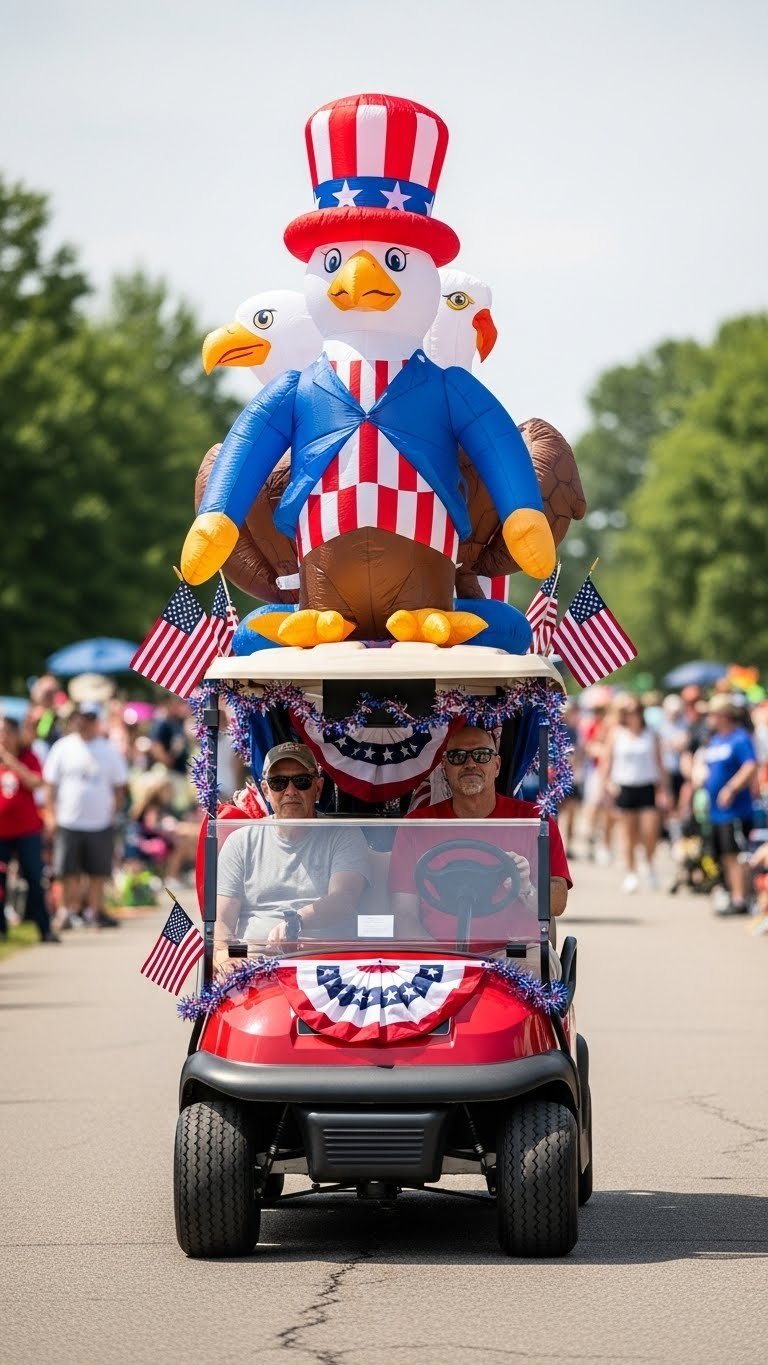 Golf Cart Featuring Whimsical Patriotic Inflatables Like Bald Eagle Or Uncle Sam At Vibrant Community Parade Route.