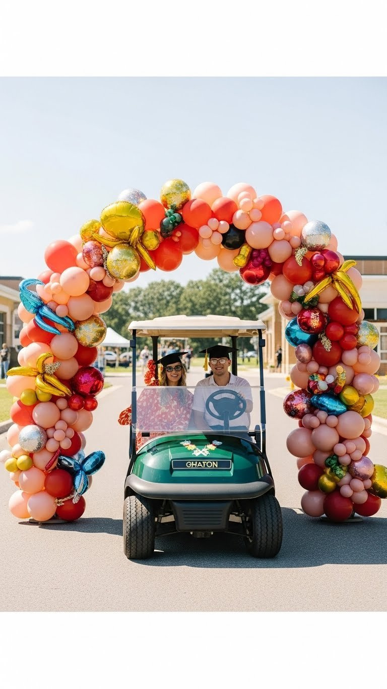 Golf Cart Framed By Impressive Balloon Arch Extravaganza In Striking School Color Scheme For Graduation Parade
