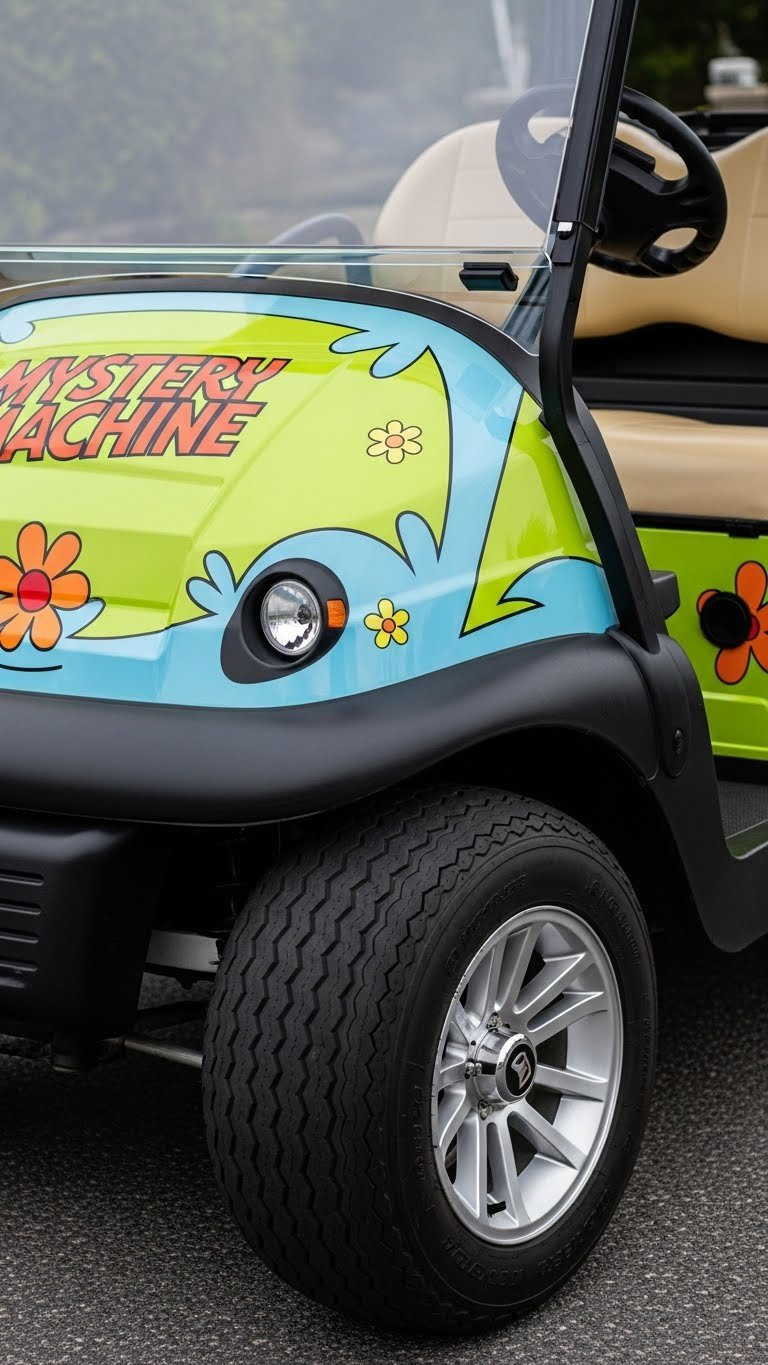 Golf Cart Fully Adorned With Seamless Vibrant Mystery Machine Vinyl Wrap Showcasing Intricate Iconic Design Details