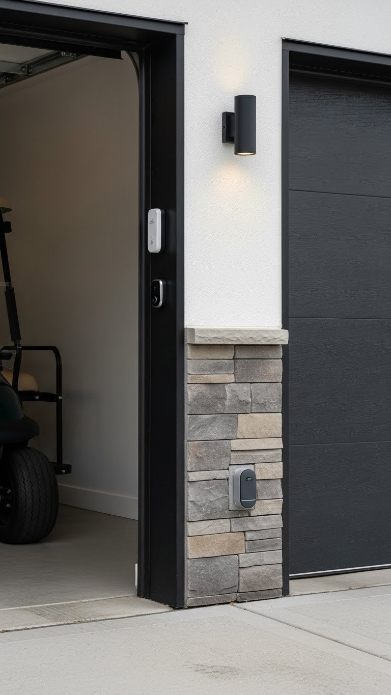 Golf Cart Garage Entrance With Smart Lock, Security Camera, And Motion-Activated Lighting On Concrete Driveway
