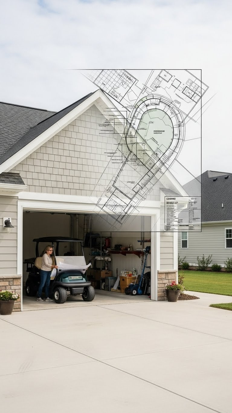 Golf Cart Garage Exterior With Architectural Plan Overlay Showing Responsible Planning And Regulatory Compliance Process
