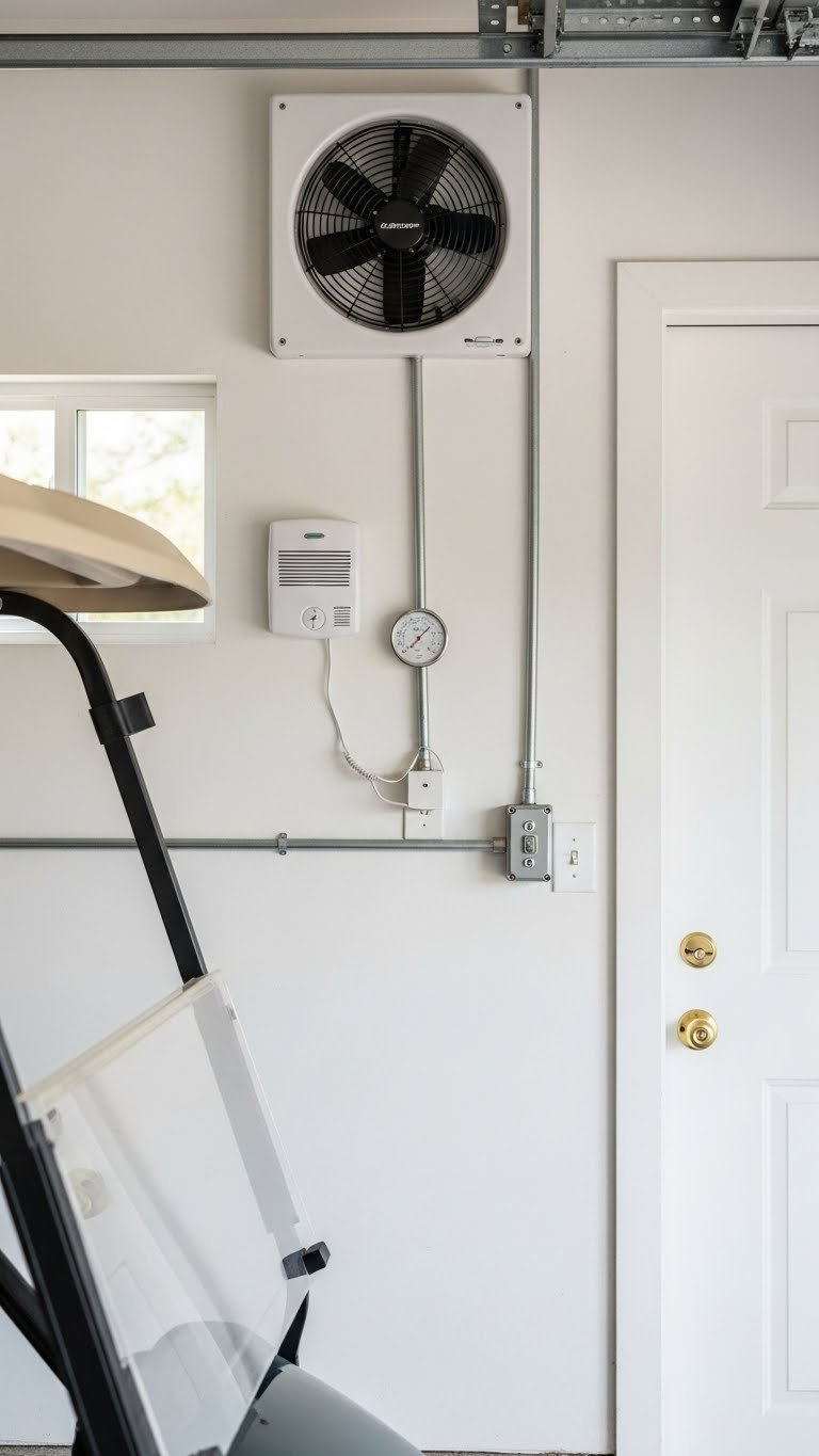 Golf Cart Garage Interior With Wall-Mounted Exhaust Fan, Thermometer, And Dehumidifier For Climate Control